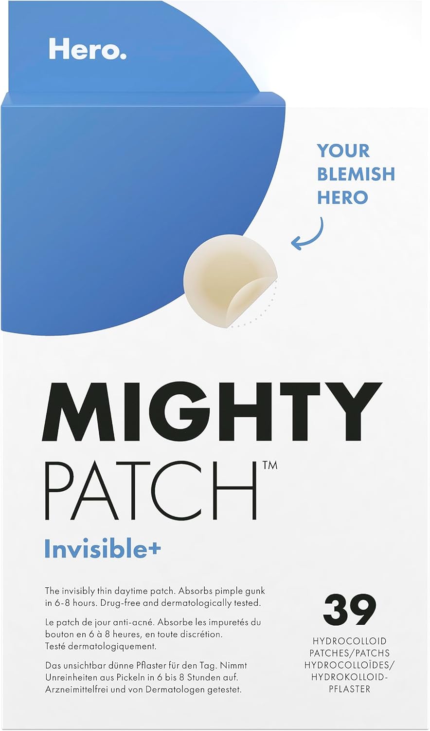 Box of Hero Mighty Patch Invisible+ clear hydrocolloid acne patches, 39 count.