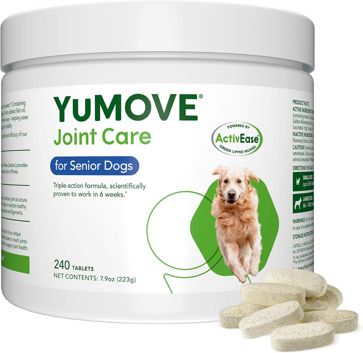 YuMOVE Joint Support Supplement for Senior Dogs, 240-tablet value-size tub.