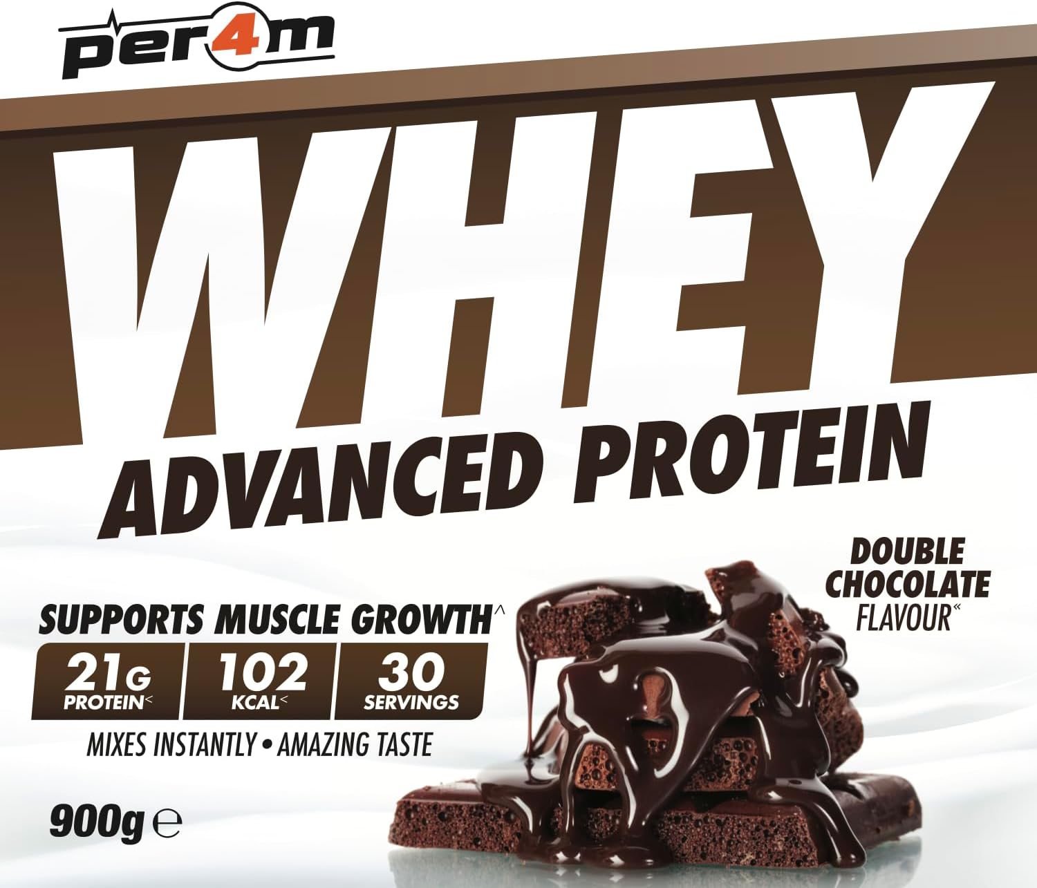 Whey protein package with double chocolate flavor on a white background