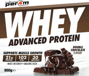 Whey protein package with double chocolate flavor on a white background