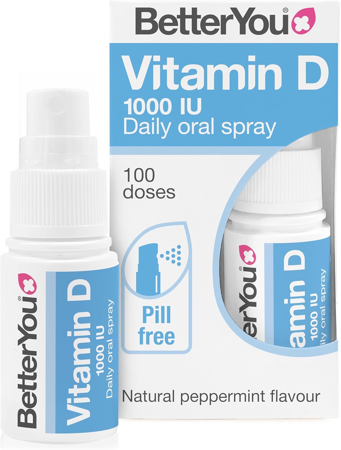 BetterYou Vitamin D3 1000 IU Oral Spray bottle & box, 15ml.