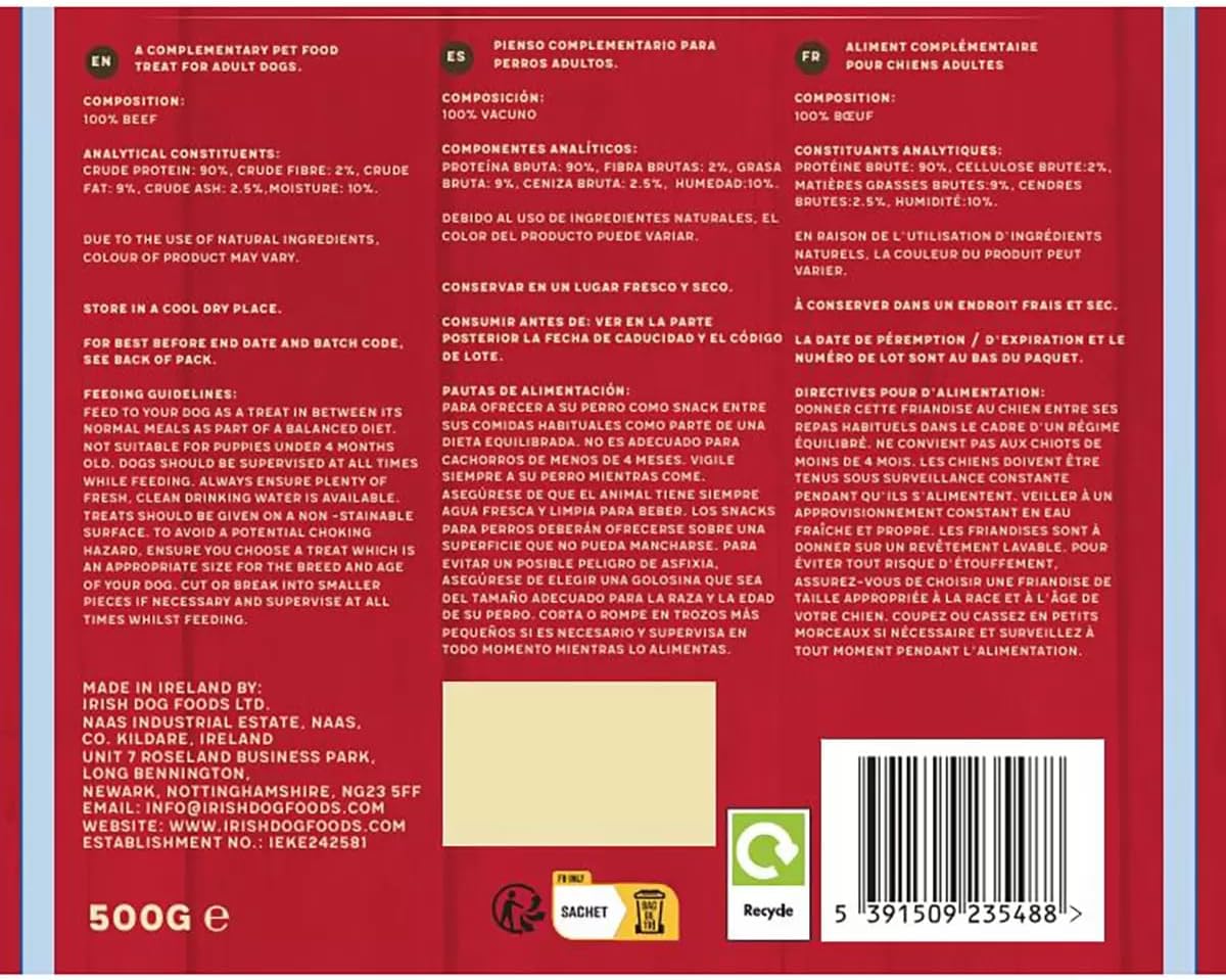 Irish Rover beef sticks dog treats resealable bag barcode packaging 500g