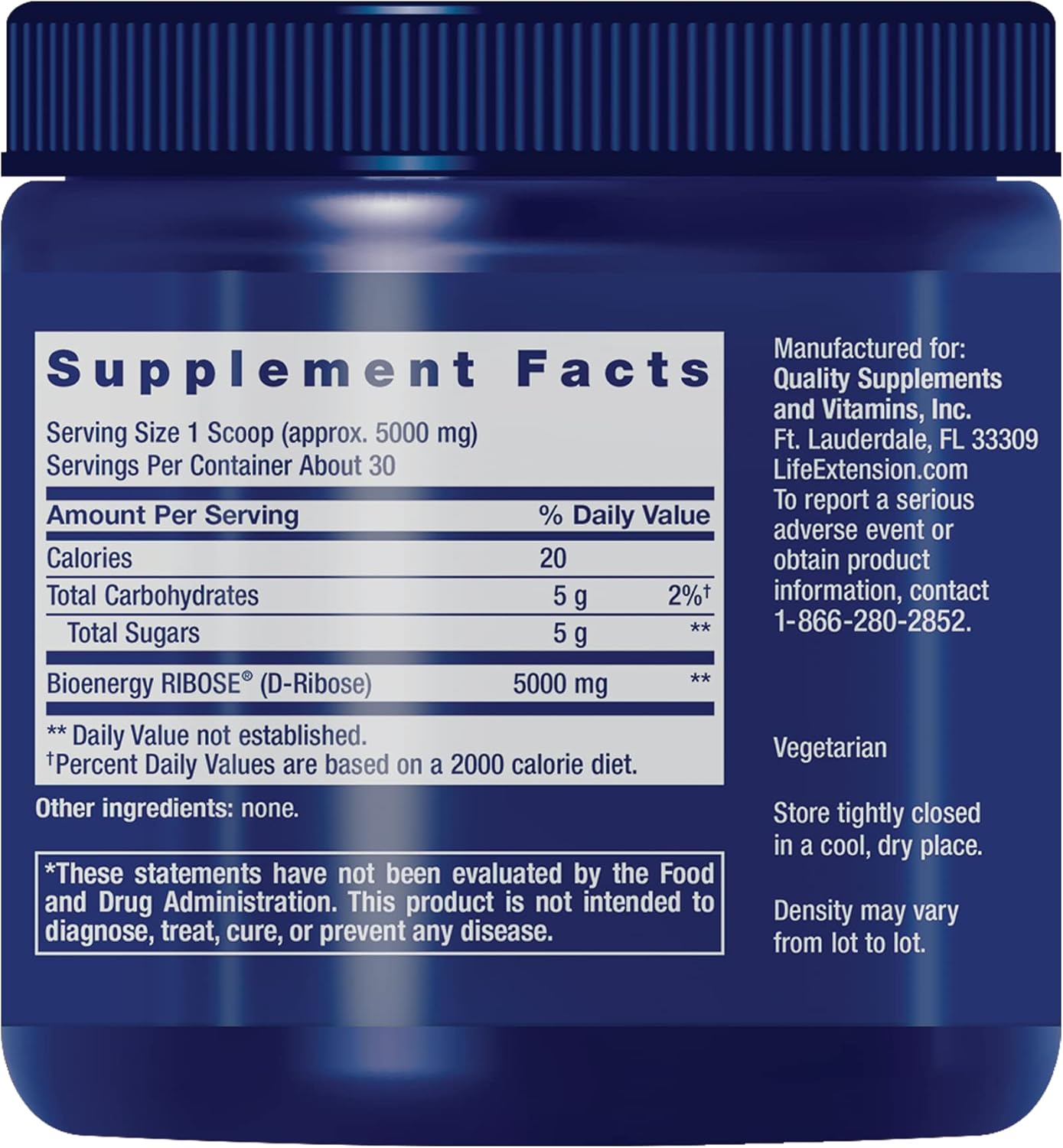 Life Extension D-Ribose Powder 150g supplement facts label