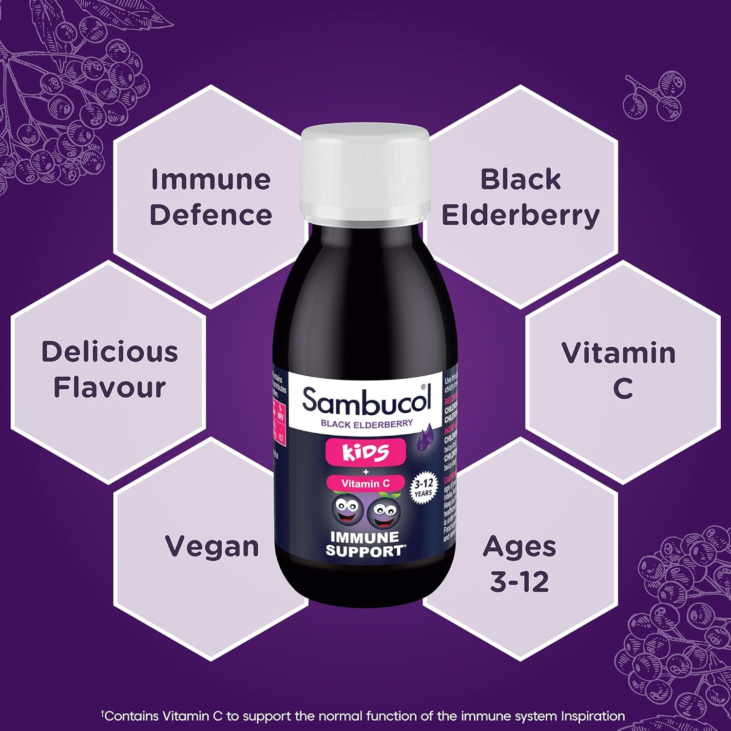 Sambucol Kids immune support product on a purple background with text about ingredients and benefits.
