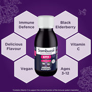 Sambucol Kids immune support product on a purple background with text about ingredients and benefits.