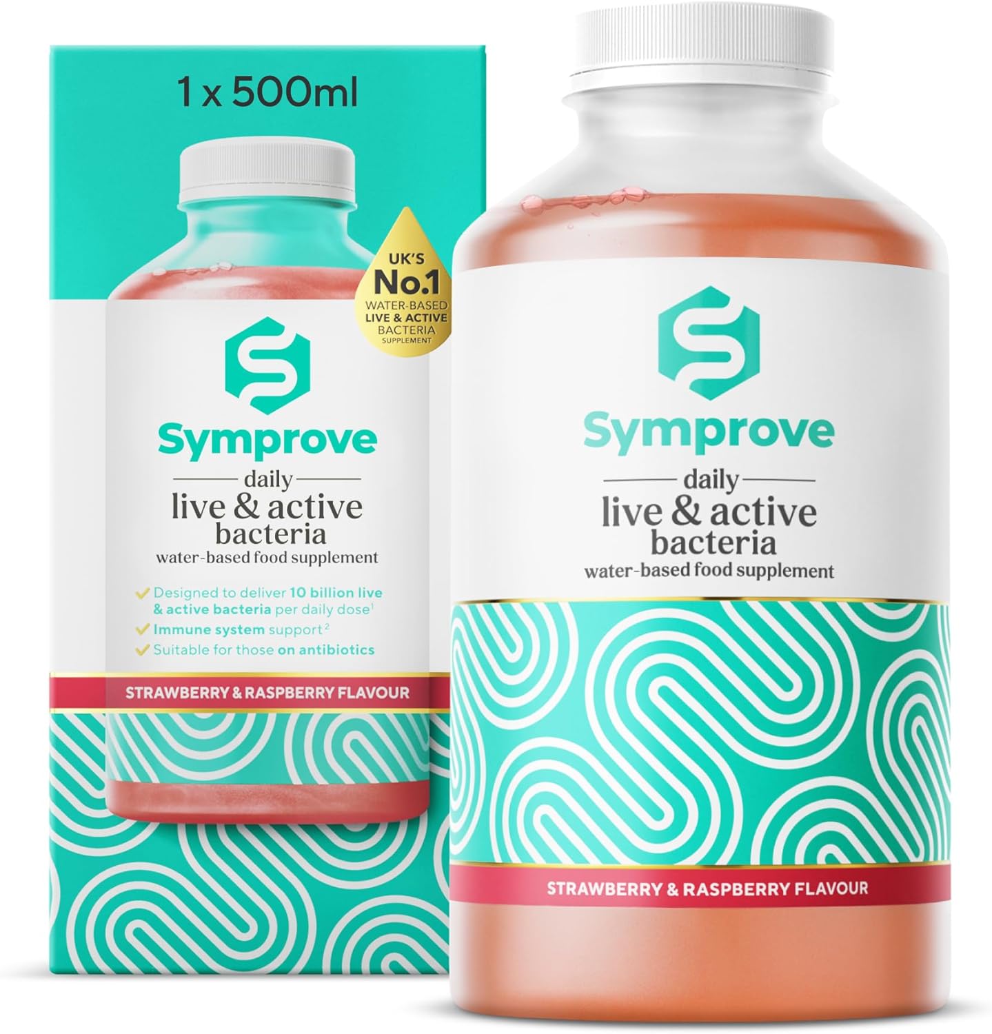 Symprove Liquid Probiotic Strawberry Raspberry Flavour 500ml bottle live active bacteria supplement front view