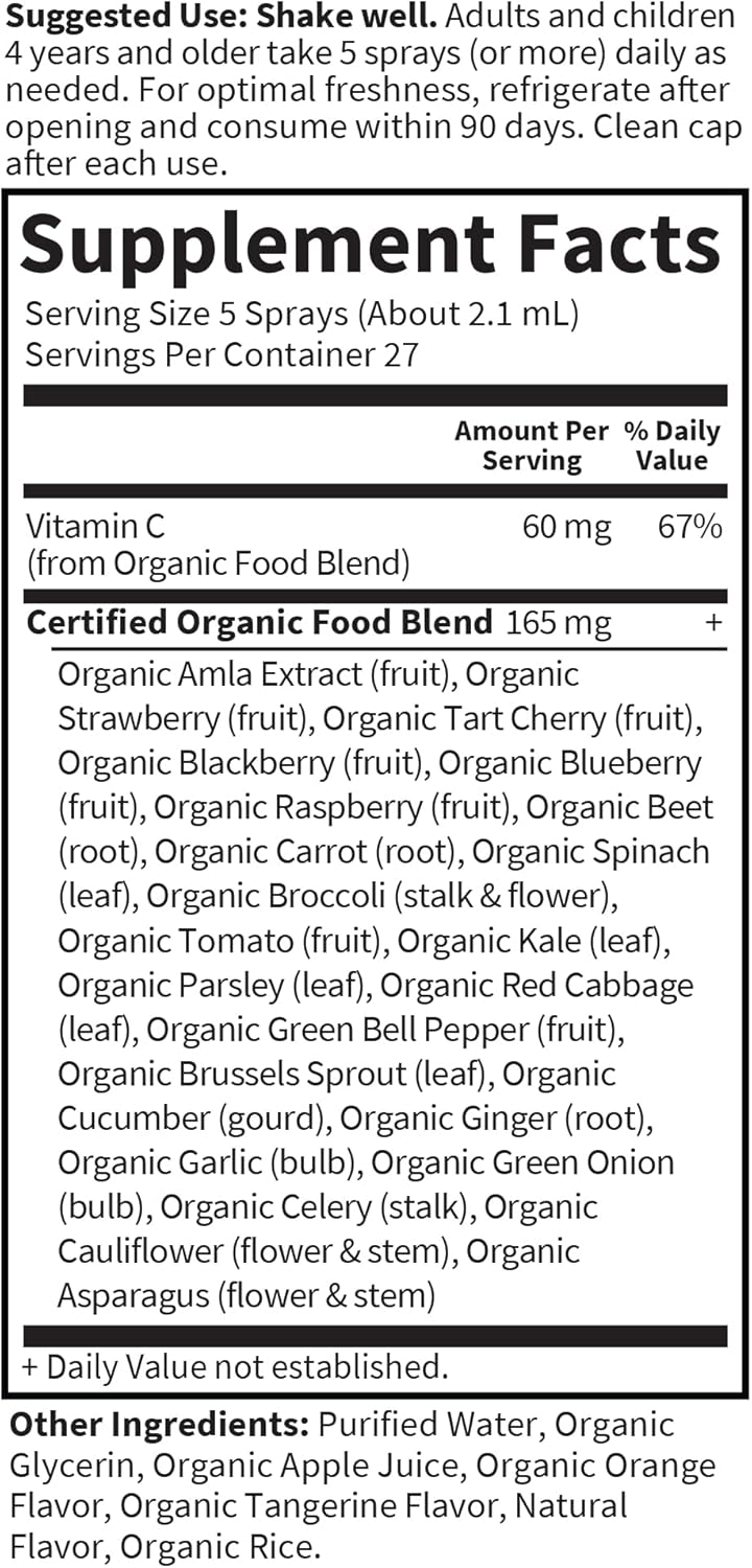Ingredient list, supplements and directions for organic Vitamin C spray.