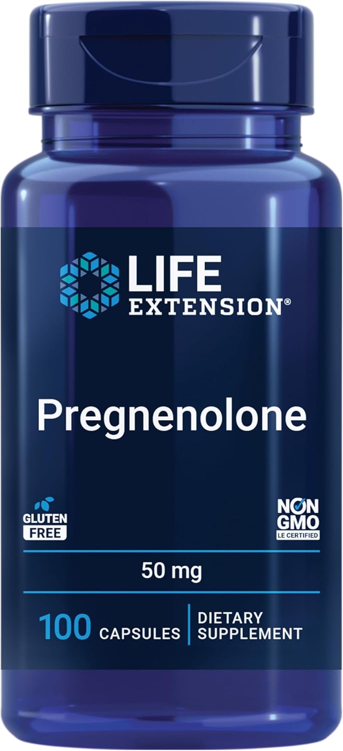 Life Extension Pregnenolone 50mg supplement bottle, 100 capsules for wellness support.