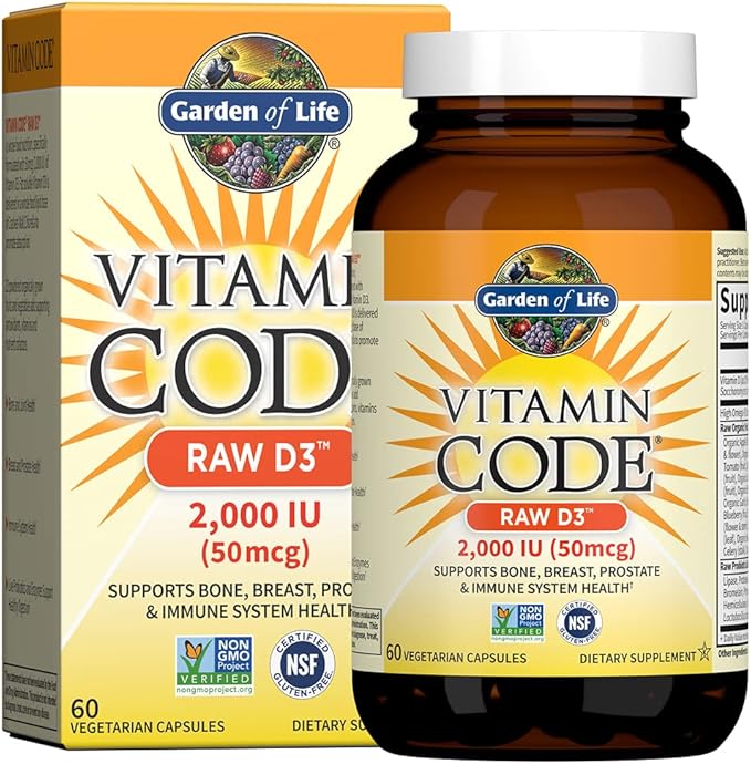 Garden of Life Vitamin Code Raw D3 bottle & box, 2000 IU, 60 vegetarian capsules on white background.
