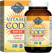 Garden of Life Vitamin Code Raw D3 bottle & box, 2000 IU, 60 vegetarian capsules on white background.