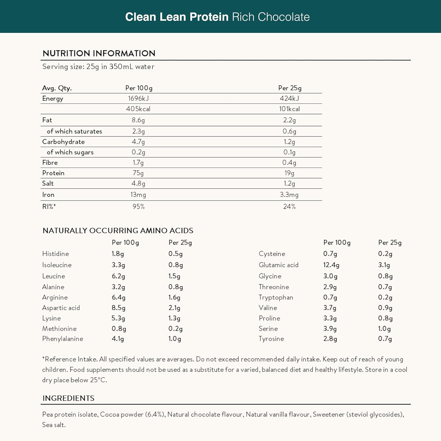 Nutritional info and ingredient list for Nuzest chocolate protein powder.