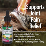 Bottle of Ginger Root Extract with a blurred background of a foot in a shoe, highlighting joint pain relief.