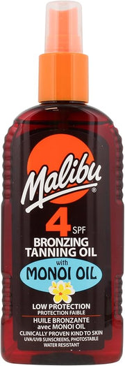 Malibu SPF 4 Bronzing Tanning Oil Spray bottle with Monoi Oil, 200ml.