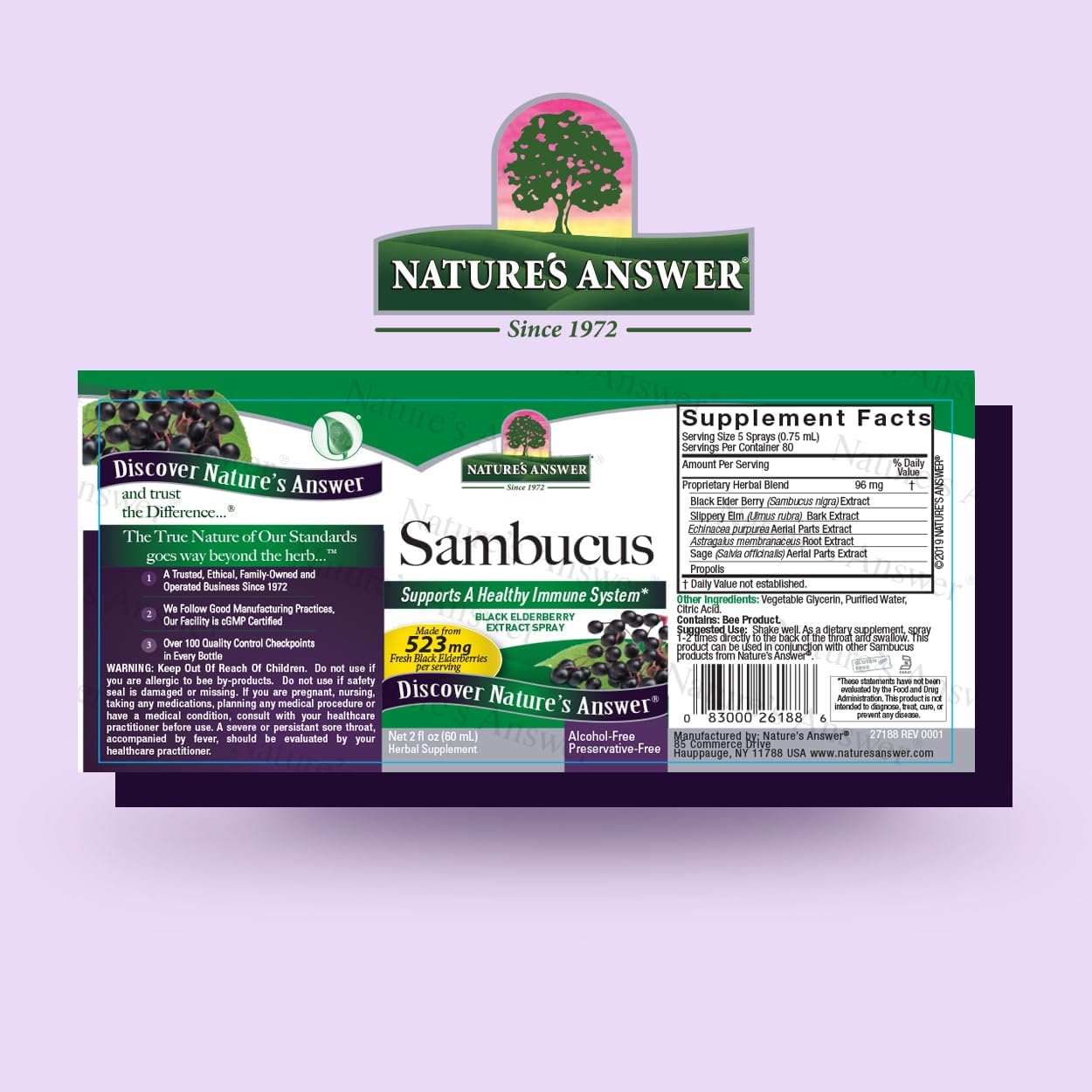 Nature's Answer Sambucus supplement label on a purple background