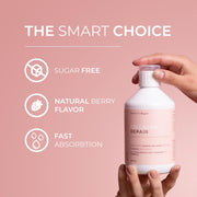 Collagen repair supplement bottle held by a hand with product features listed on a pink background