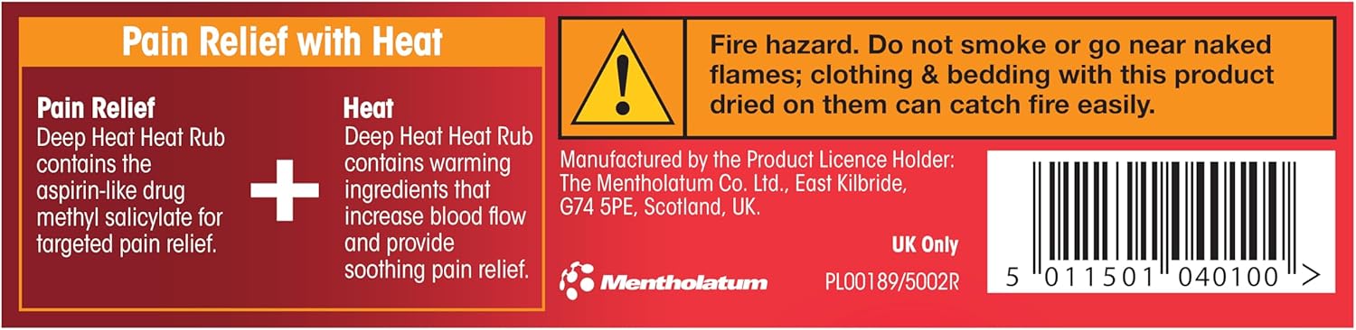 Back of Deep Heat Rub tube showing active barcode and warnings.