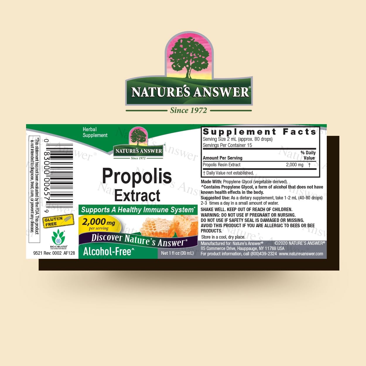 Nature's Answer Propolis Extract supplement label on a beige background