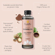 Fushi Organic Tamanu Oil bottle with product details on a beige background