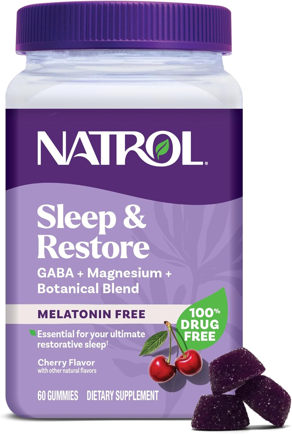 Natrol Sleep & Restore Magnesium Glycinate & GABA Gummies tub, 60 count, cherry flavour.