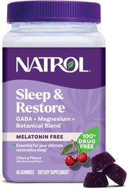 Natrol Sleep & Restore Magnesium Glycinate & GABA Gummies tub, 60 count, cherry flavour.