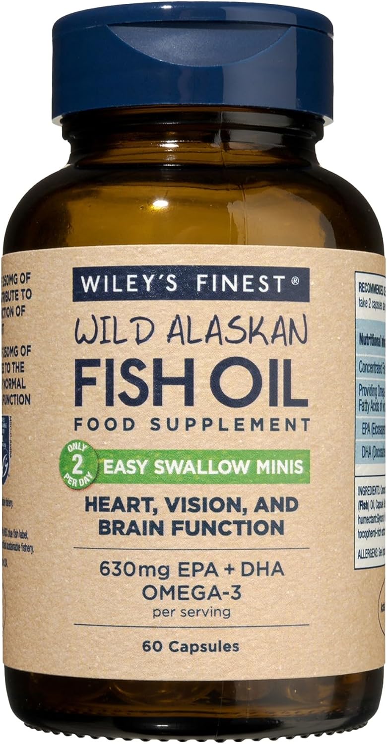 Front image: Wiley’s Finest Wild Alaskan fish oil easy swallow minis softgels bottle 60 count