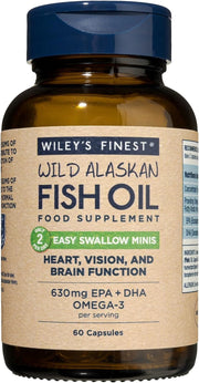 Front image: Wiley’s Finest Wild Alaskan fish oil easy swallow minis softgels bottle 60 count