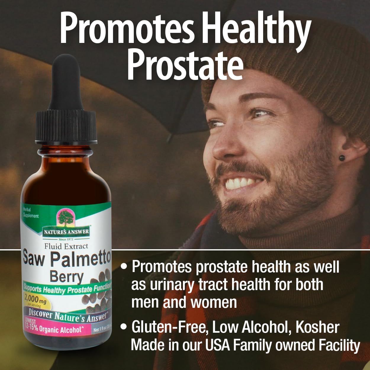 Bottle of Saw Palmetto Berry with a man in the background and promotional text about prostate health.