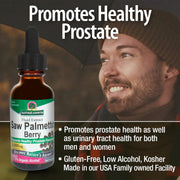Bottle of Saw Palmetto Berry with a man in the background and promotional text about prostate health.