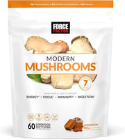 Force Factor Modern Mushrooms Soft Chews pouch, cinnamon roll flavor, 60 count supplement.