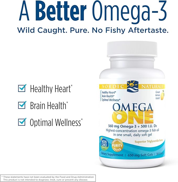Nordic Naturals Omega One with Vitamin D3 lemon flavor 30 soft gel bottle.