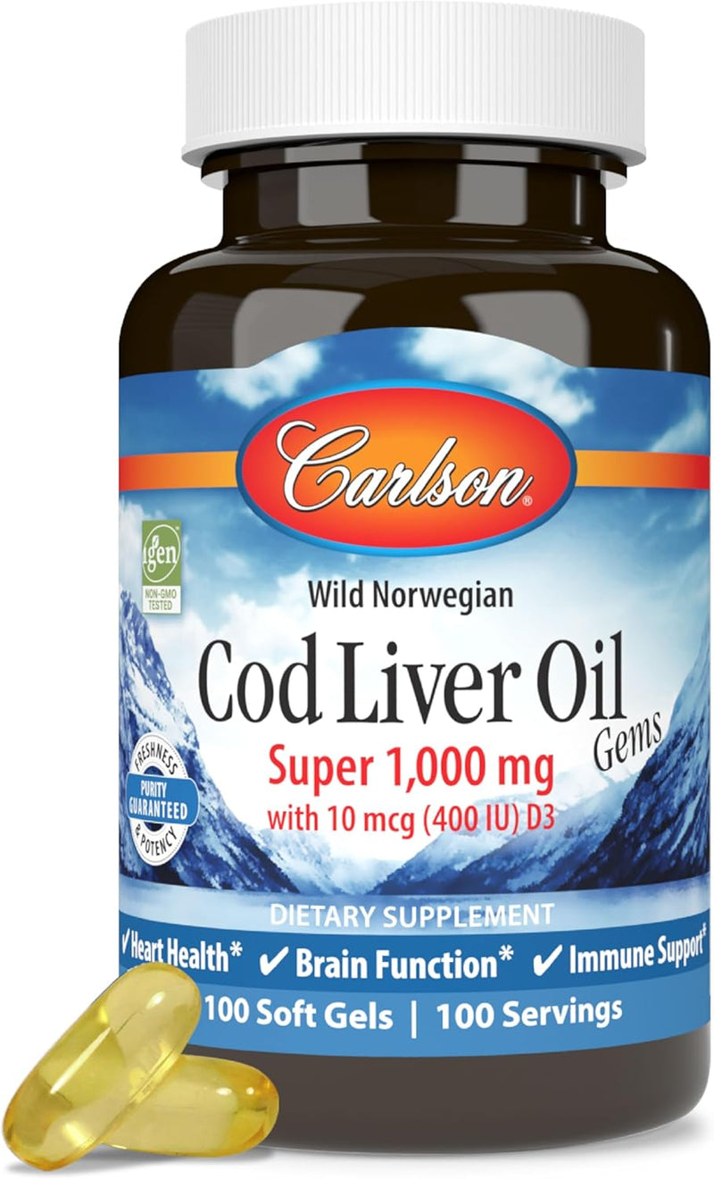 Front image: Carlson Cod Liver Oil Gems 1000 mg softgels vitamin D3 100 bottle