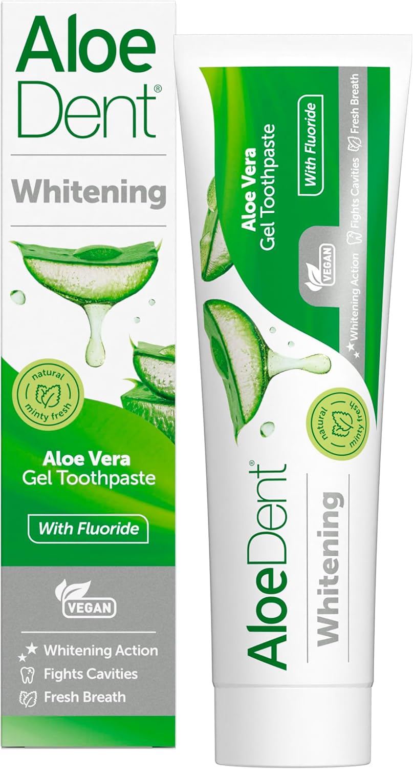 Front Image: Aloe Dent Aloe Vera whitening toothpaste with fluoride vegan 100ml tube & box