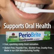 PerioBrite toothpaste packaging with a person brushing their teeth, emphasizing oral health benefits.