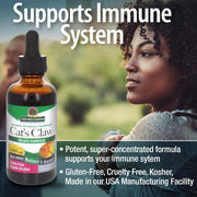 Cat's Claw supplement bottle with a woman and child in the background, emphasizing immune system support.