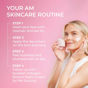 Woman applying cream with text on a pink background about an AM skincare routine.