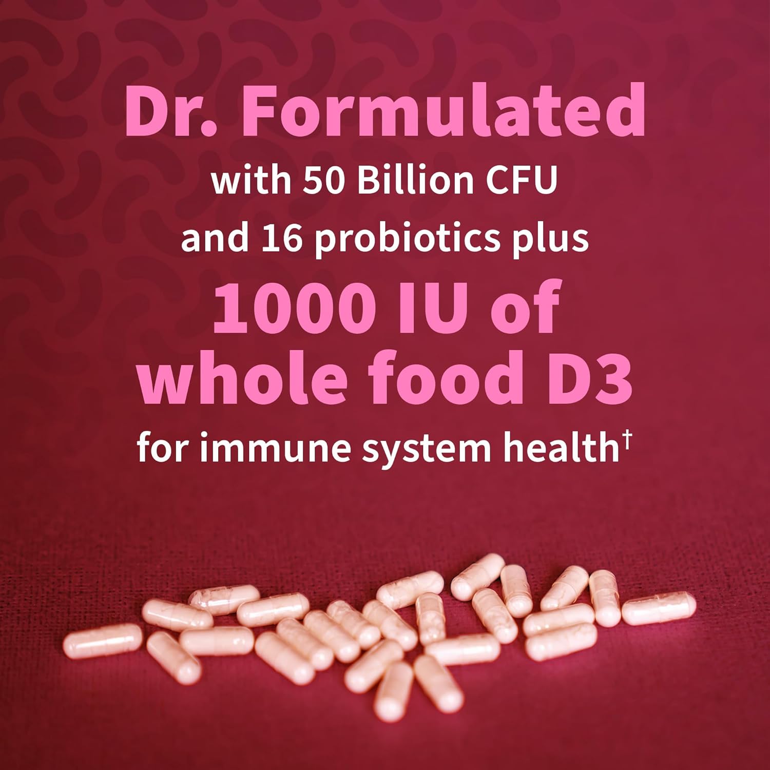 Supplement facts panel showing 50 Billion CFU probiotic blend and ingredients.