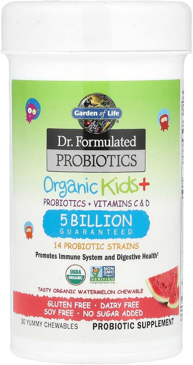 Garden of Life Dr. Formulated Kids+ Probiotic bottle  with watermelon 30 chewable tablets.