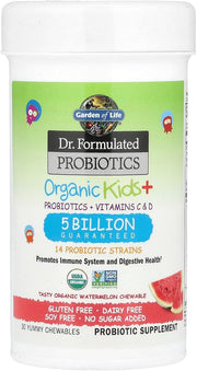 Garden of Life Dr. Formulated Kids+ Probiotic bottle  with watermelon 30 chewable tablets.