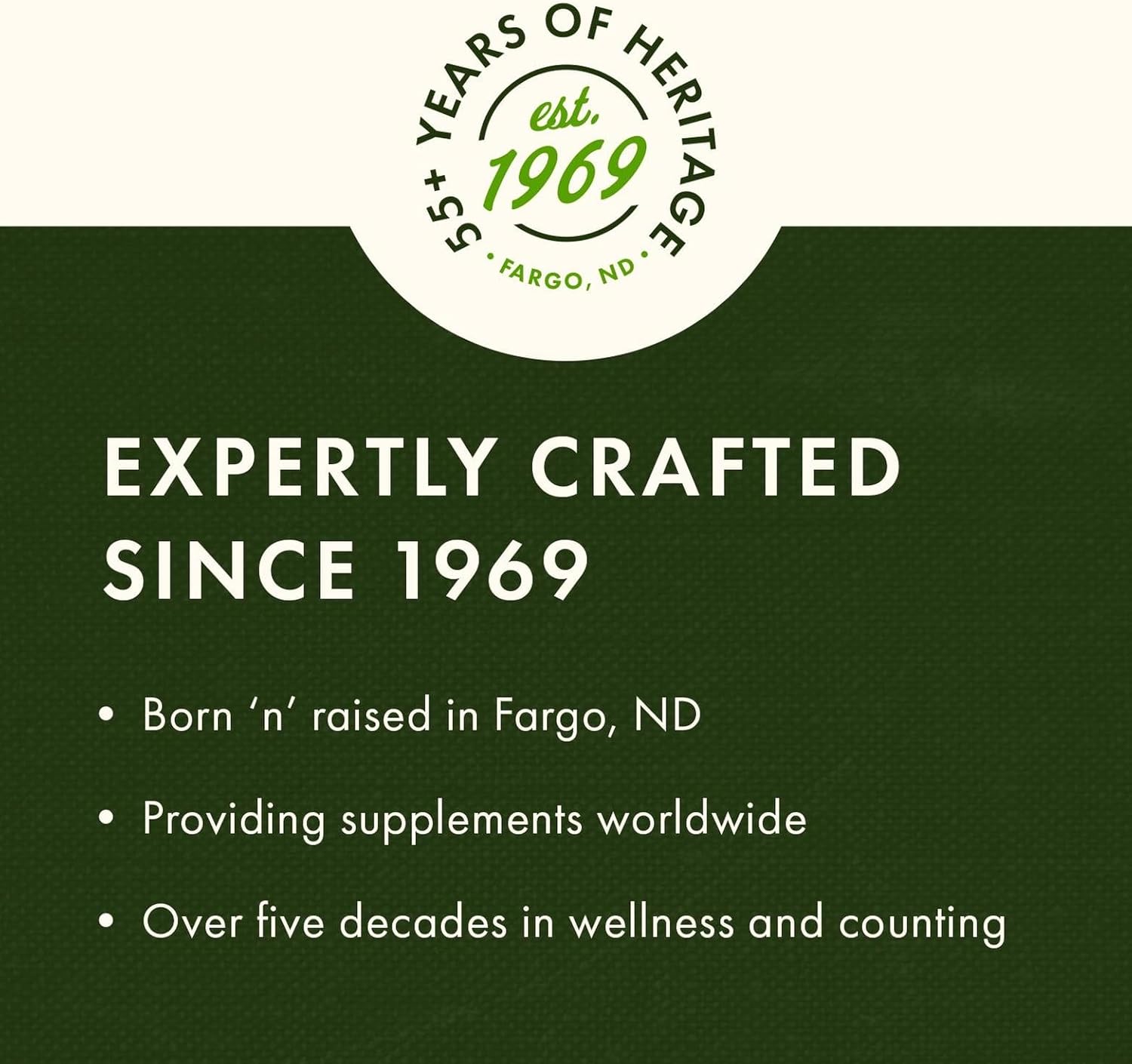 Green background with text and logo celebrating 55 years of heritage and expertise in supplements.