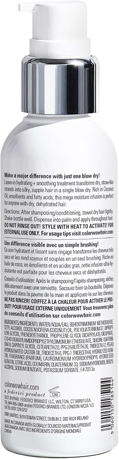 Back label of Color Wow Dream Cocktail spray showing usage instructions and barcode.