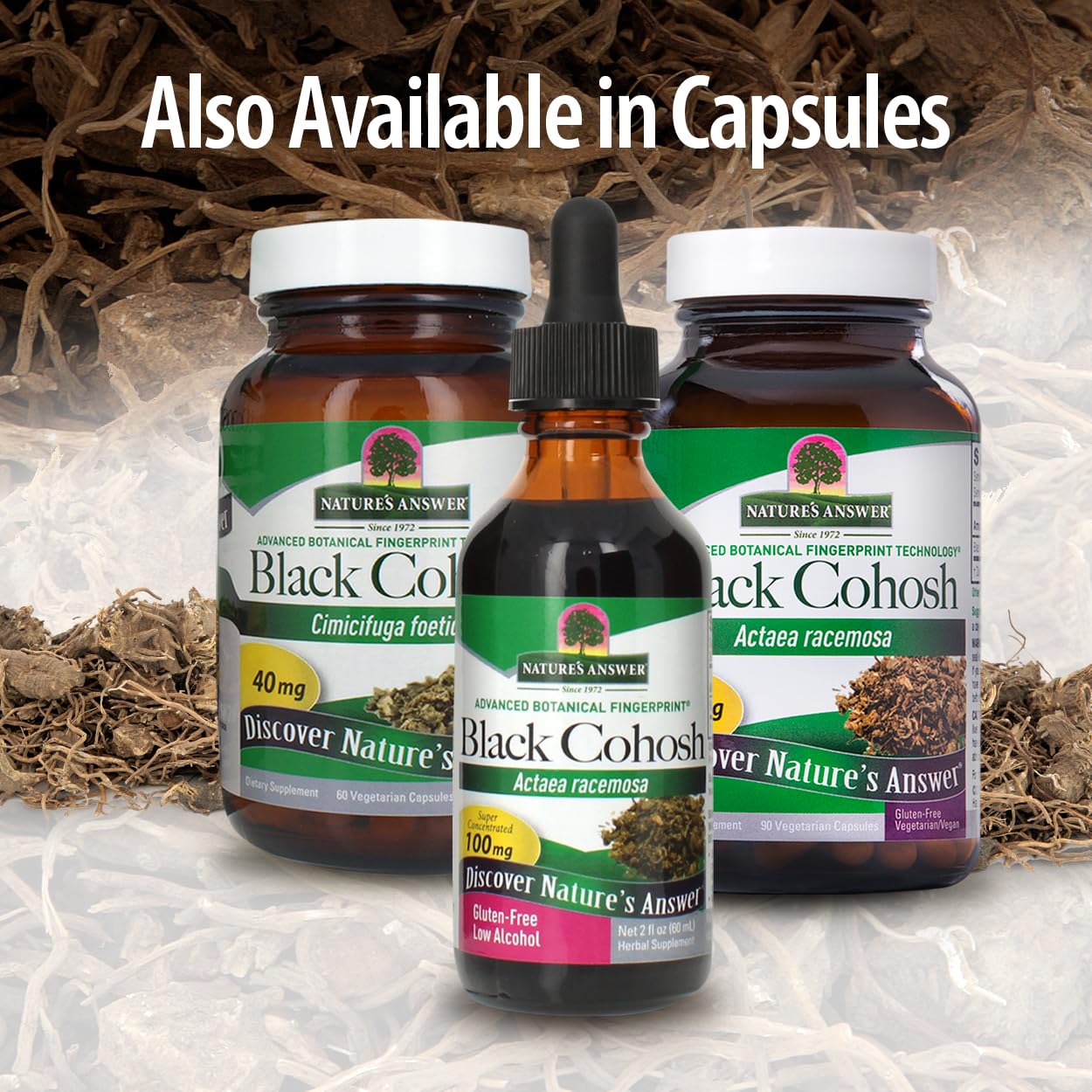 Nature's Answer Black Cohosh products including capsules and liquid dropper on a textured background.
