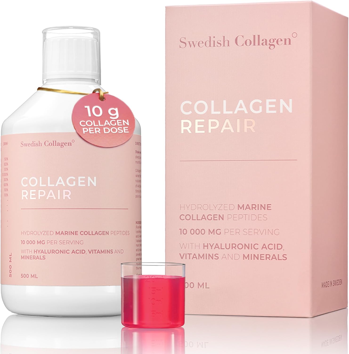 Swedish Collagen Collagen Repair product with bottle, packaging, and glass of pink liquid on a white background