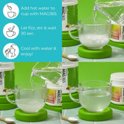 How to Use: Teaspoon of MAG365 powder being stirred into a glass of water.