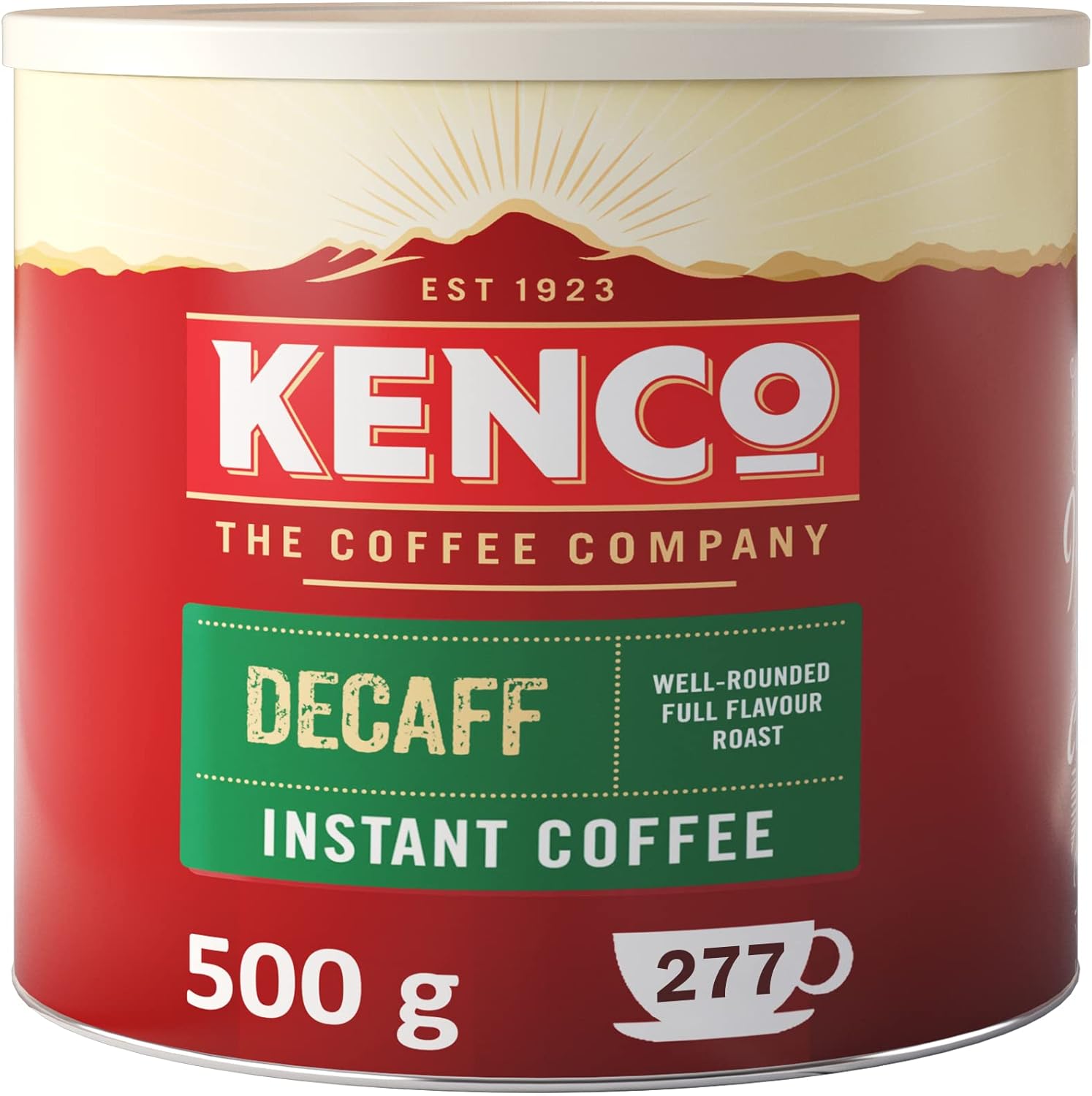 Kenco Decaf instant coffee granules tin 500g packaging front