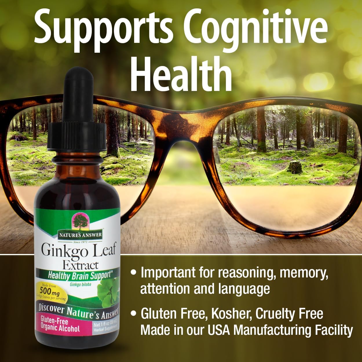 Nature's Answer Ginkgo Leaf Extract bottle with glasses and forest background