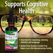 Nature's Answer Ginkgo Leaf Extract bottle with glasses and forest background