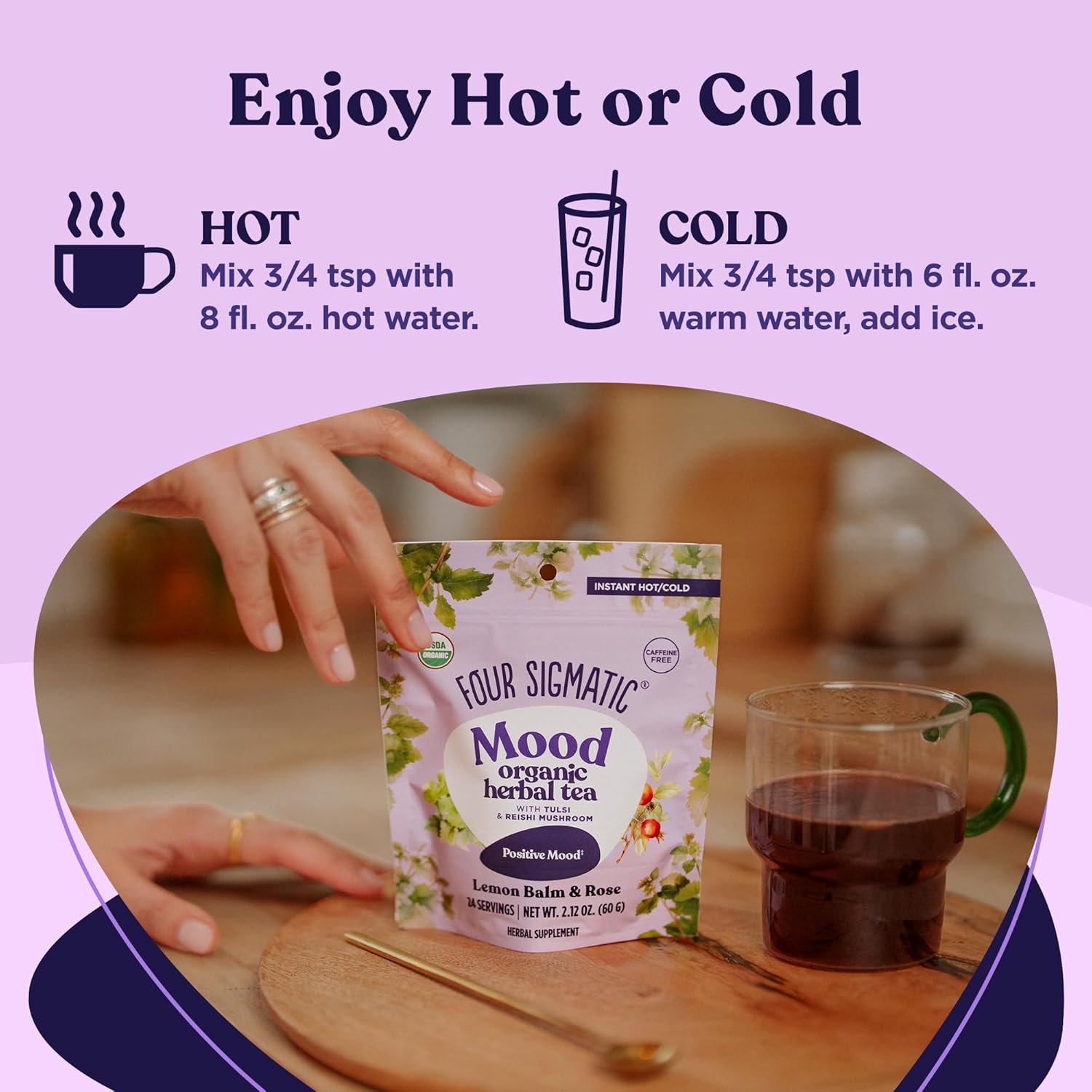 Four Sigmatic Mood tea package with instructions on how to use it, shown on a wooden surface.