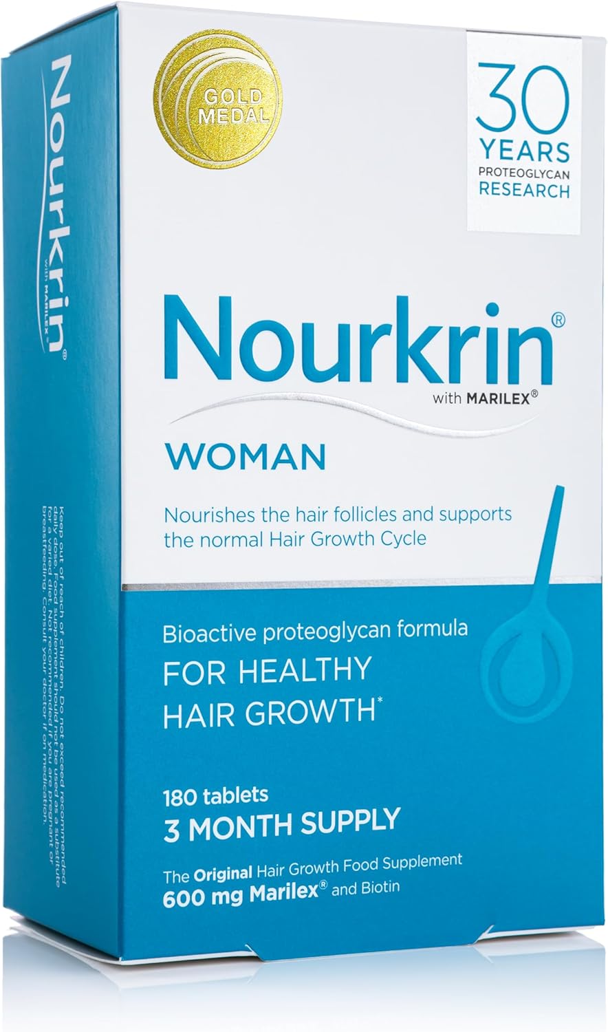 Nourkrin Woman Hair Support Supplement box with 180 tablets on white background.
