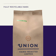 Union Revelation Espresso Blend Whole Bean Coffee recyclable bags.