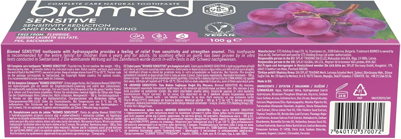 Ingredients list for BIOMED 98% Natural Gentle Care Toothpaste.